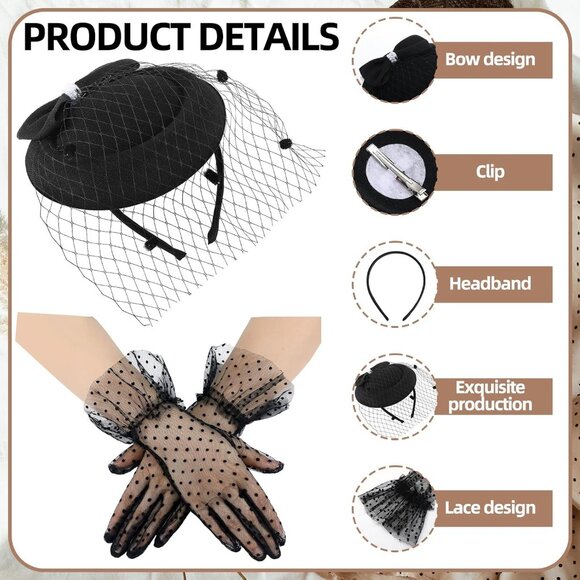 Fascinators Hat Set Mesh Pearls Lace Gloves Necklace Vintage Costume Accessory - Picture 5 of 7